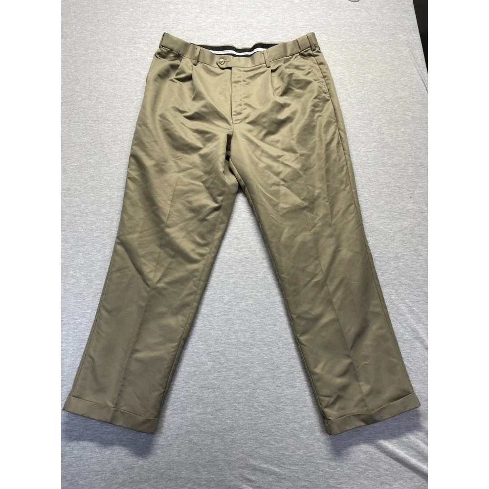 Perry Ellis Portfolio Dress Pants Mens 37x30.5 Tan Pleated Front Cuffed Hem
